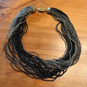 Vintage Beaded Necklace with Black, Brown, Silver, and Champagne Tone Strands